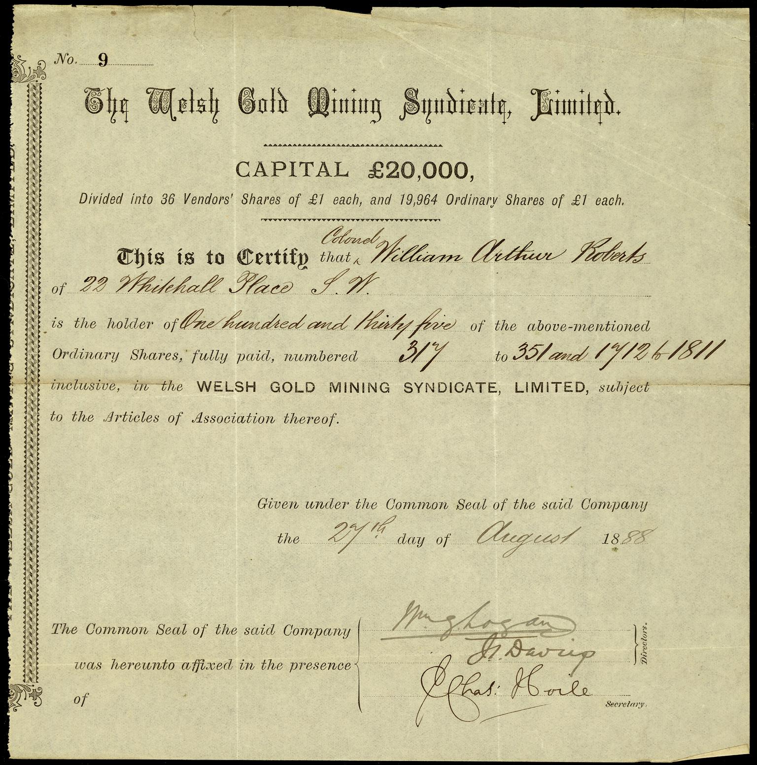 Welsh Gold Mining Syndicate Ltd, share certificate