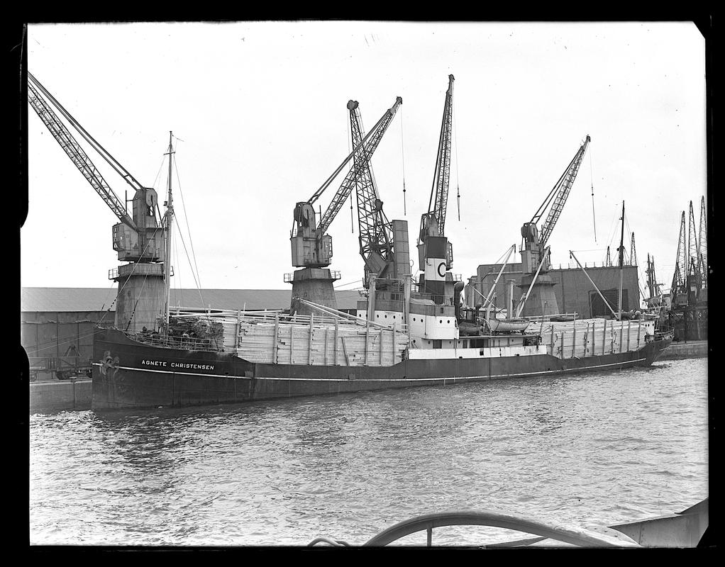 Port broadside view of S.S. AGNETE CHRISTENSEN, at Cardiff Docks, about 1948.