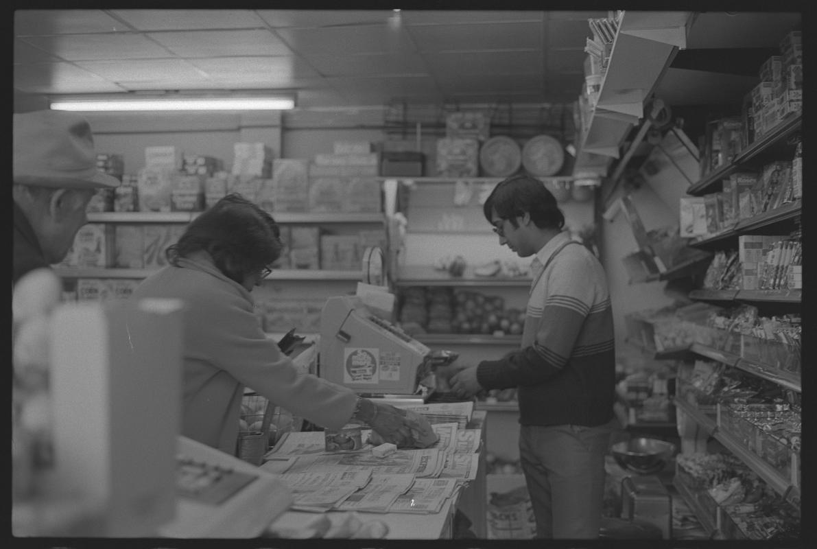 Counter of newsagents, Loudoun Square, Butetown.