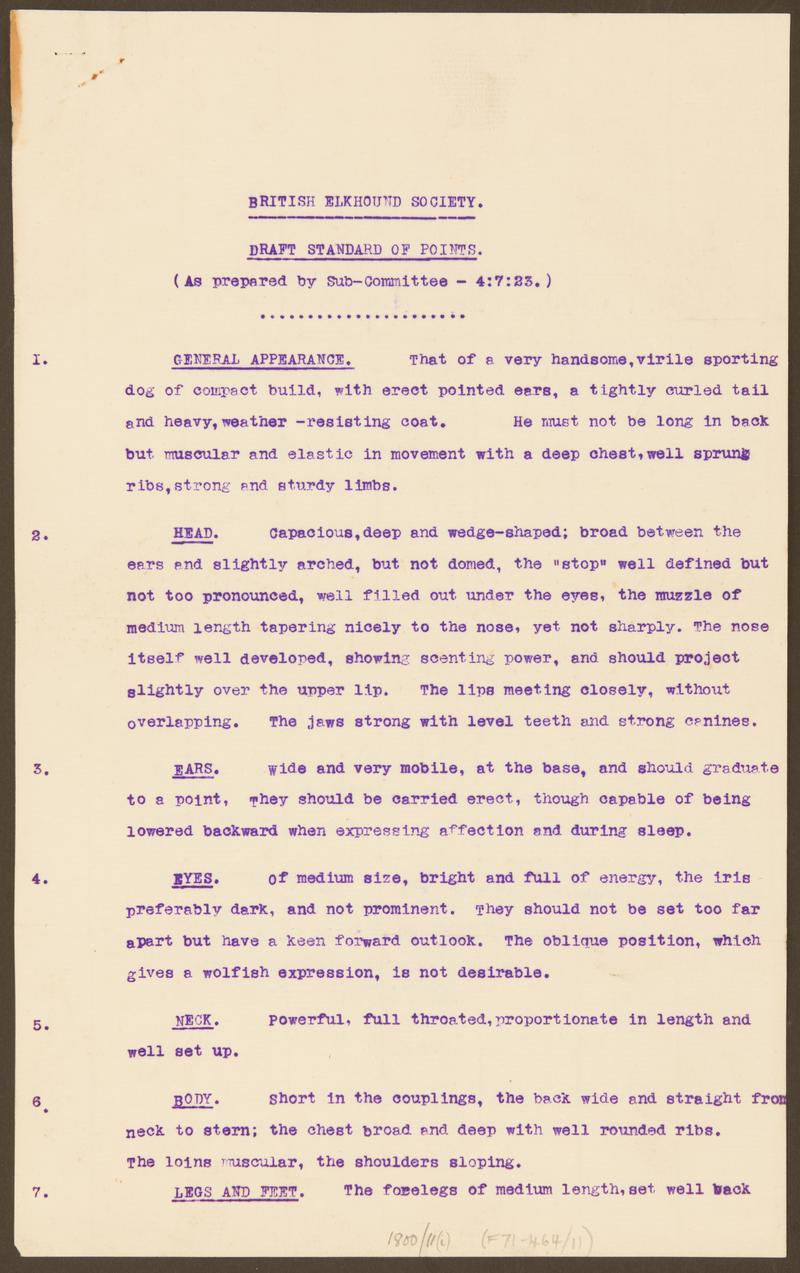 British Elkhound Society, Draft of points