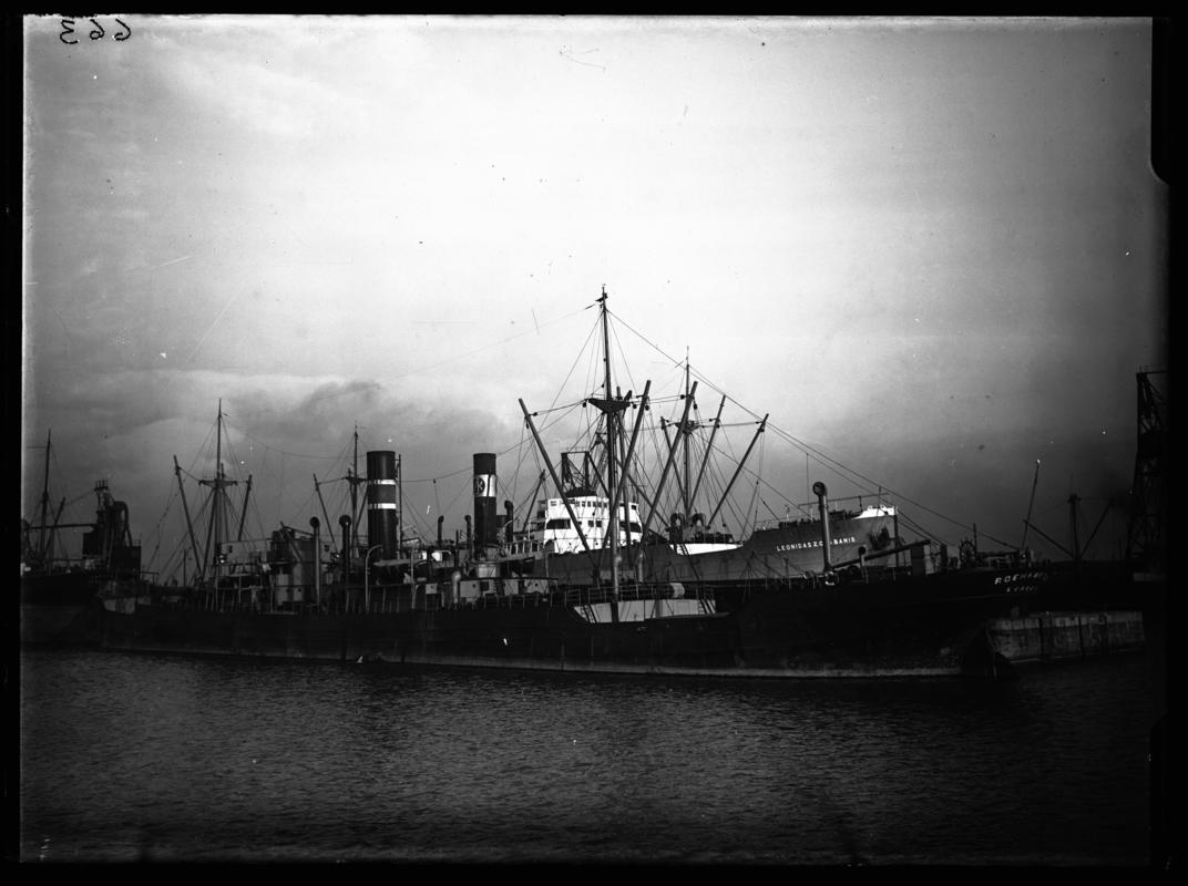 3/4 port stern view of S.S. ROEHAMPTON at Cardiff Docks  c.1936