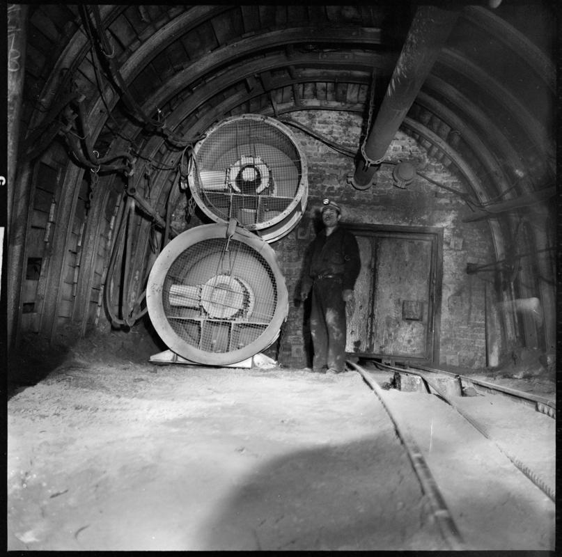 Black and white film negative showing underground auxilliary fans,  Abercynon Colliery 1978.  &#039;Abercynon 1978&#039; is transcribed from original negative bag.