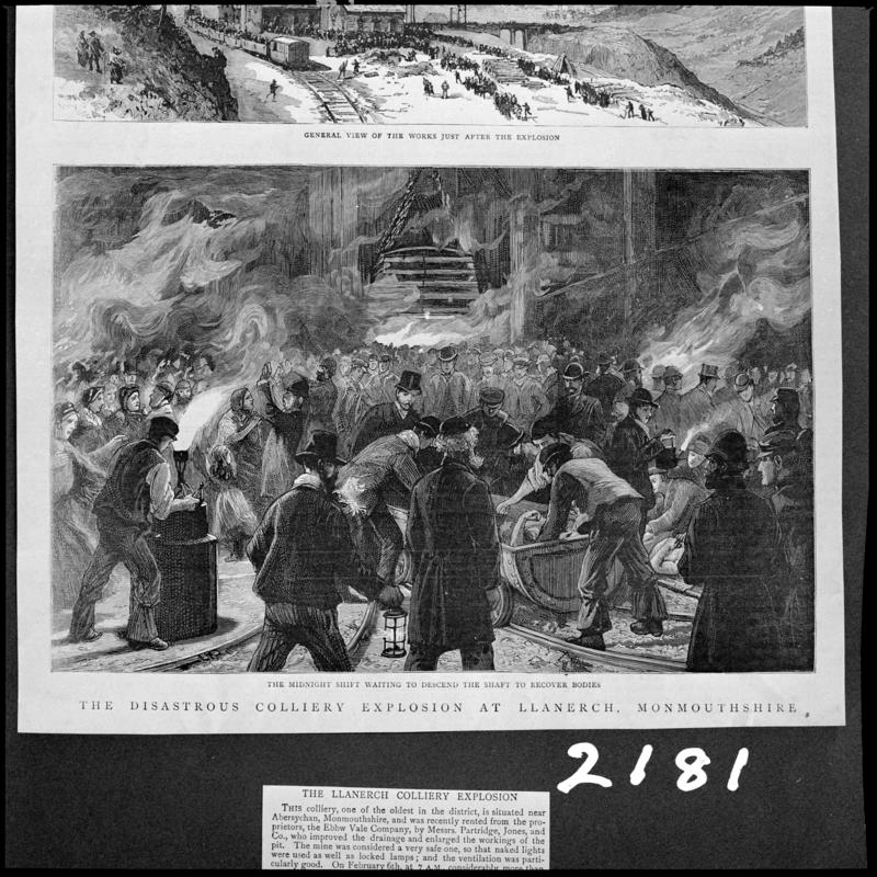 Black and white film negative showing scenes at Llanerch Colliery following the explosion on 6 February 1890, sketched illustration photographed from a publication.  Caption below illustration reads &#039;the midnight shift waiting to descend the shaft to recover bodies&#039;.  &#039;Llanerch&#039; is transcribed from original negative bag.