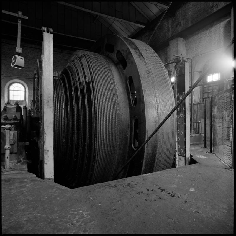 Black and white film negative showing the drum of the Trefor winding engine, Lewis Merthyr Colliery.  &#039;Lewis Merthyr&#039; is transcribed from original negative bag.