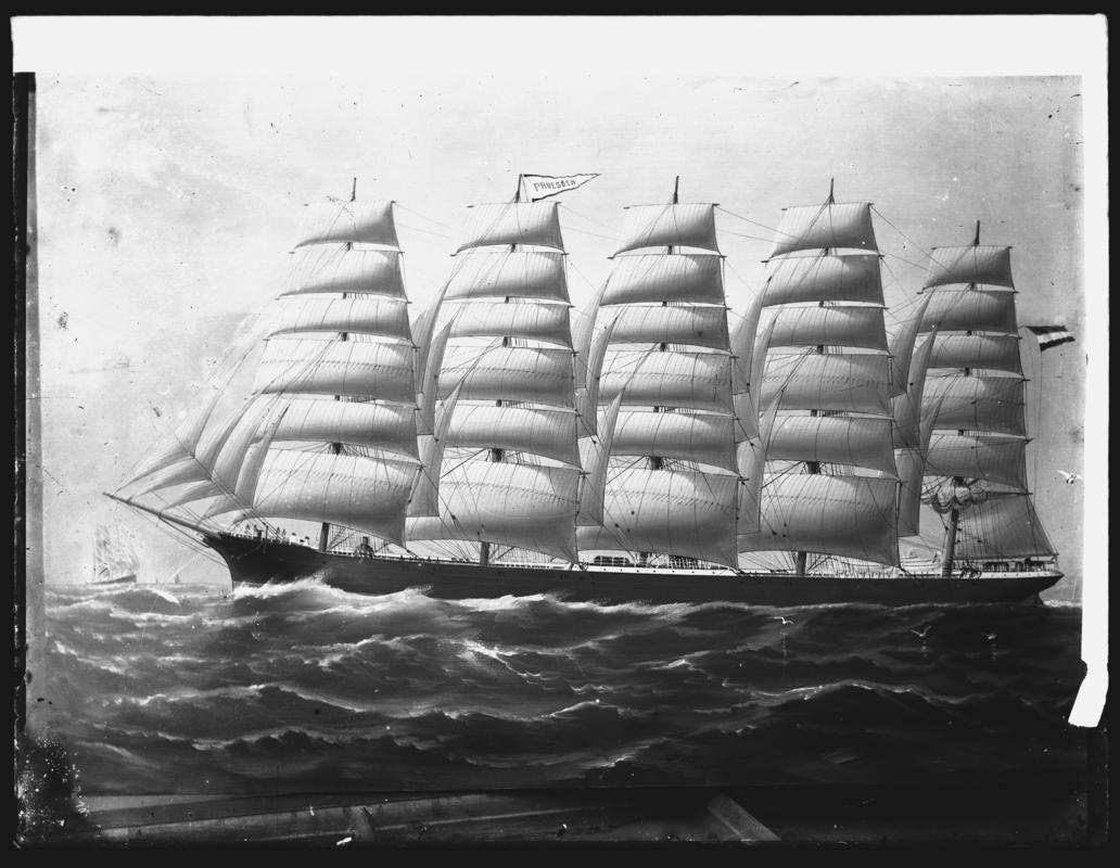 Photograph of a painting showing a port broadside view of the five-masted ship PRUESSEN.