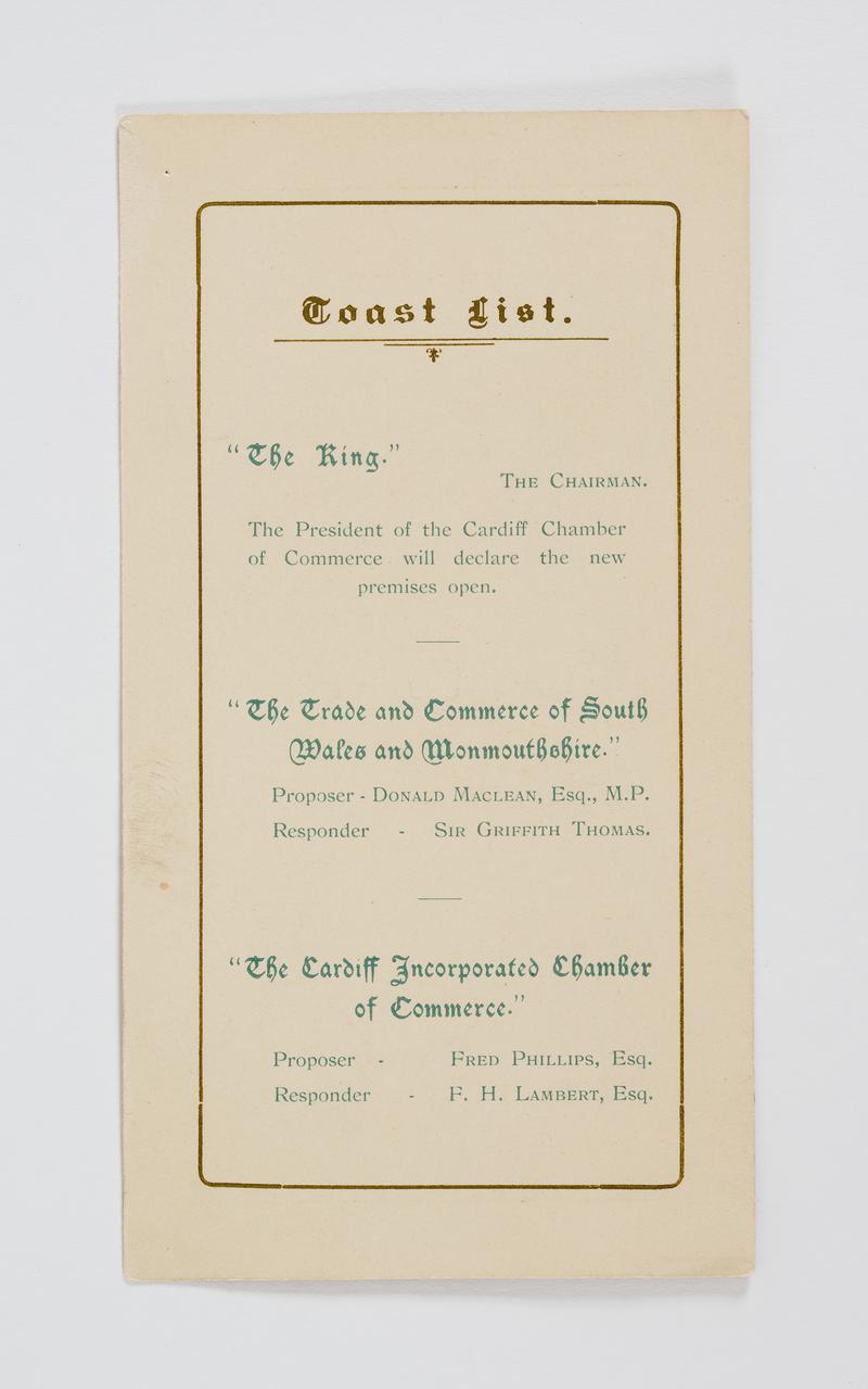 Cardiff Chamber of Commerce, menu