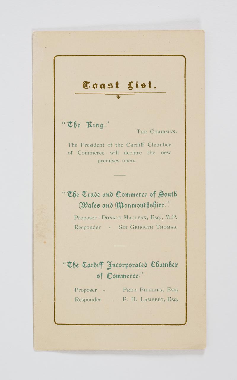 Toast list : Opening of the Cardiff Coal and Shipping Exchange, 1911-12