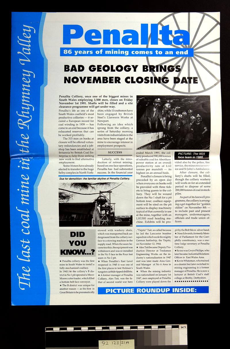 Front page of newsletter to commemorate the close of Penallta Colliery