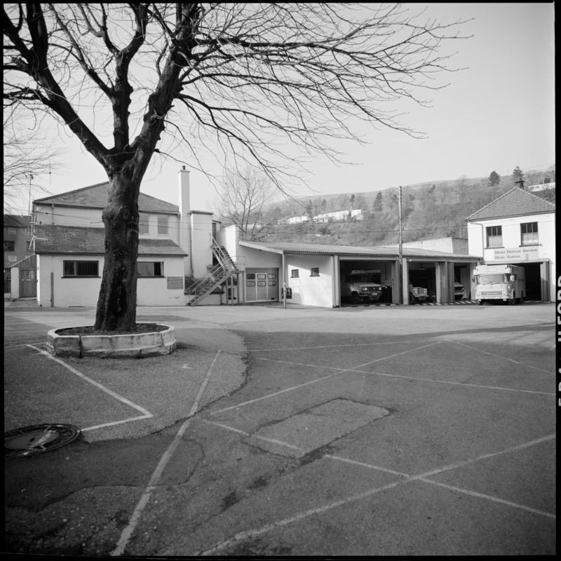 Black and white film negative showing Dinas Mines Rescue Station.  &#039;Mines Rescue&#039; is transcribed from original negative bag.