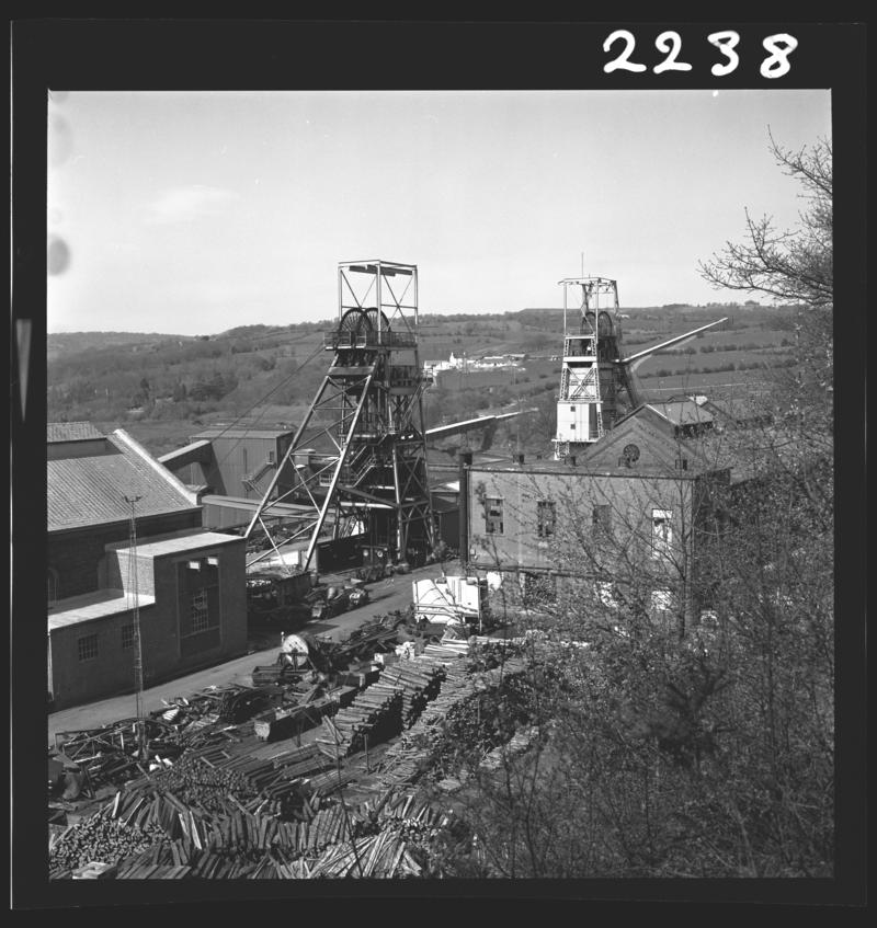 Black and white film negative showing the upcast and downcast shafts, Oakdale Colliery 16 April 1981.  &#039;Oakdale 16 Apr 1981&#039; is transcribed from original negative bag.