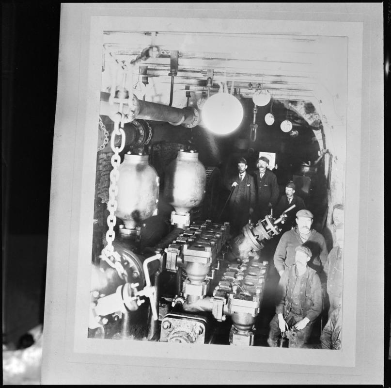 Black and white film negative of a photograph showing men in the engine house, Nixon&#039;s Navigation Colliery ?c.1910.  Appears to be identical to 2009.3/2790.