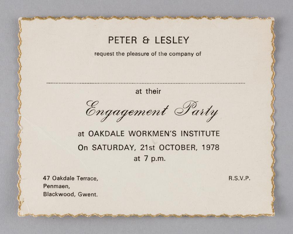 Printed invitation card to the engagement party of Lesley Dugmore and Peter Coles at the Oakdale Workmen&#039;s Institute, 21 October 1978