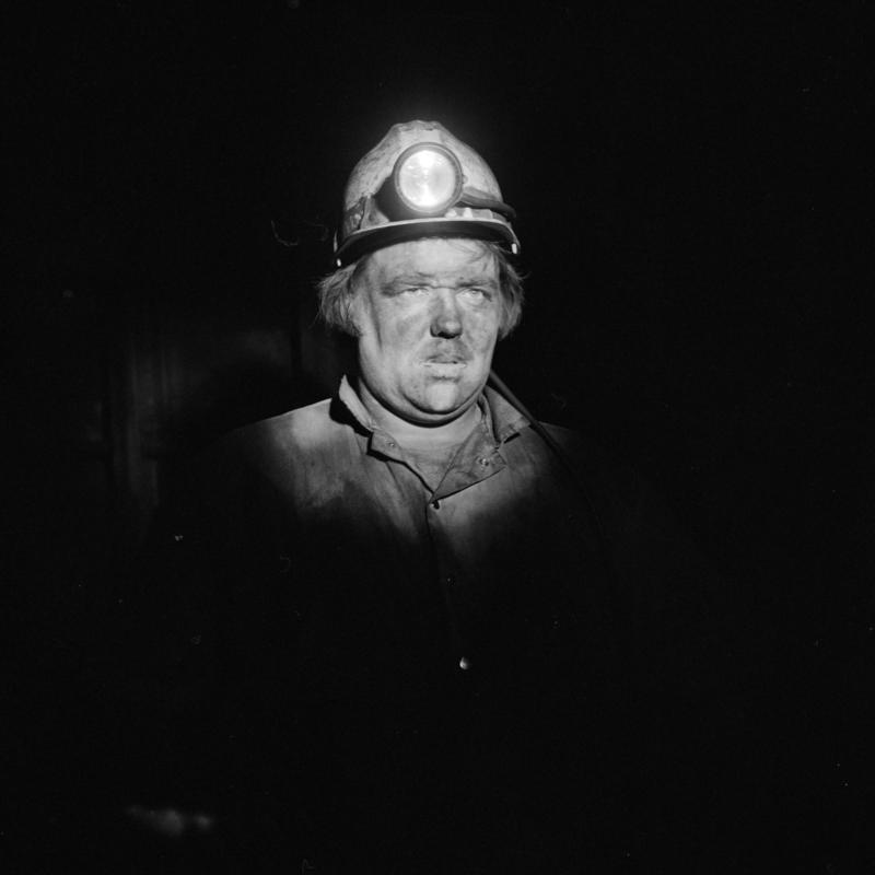 Black and white film negative showing a miner, Blaengwrach Mine, 1 November 1979.  &#039;Blaengwrach 1 Nov 1979&#039; is transcribed from original negative bag.  Appears to be identical to 2009.3/1341, 2009.3/1342, 2009.3/1343 and 2009.3/1345.