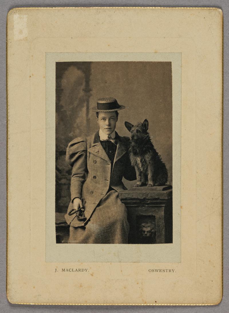 Photograph of Kate Williams Evans aged 31 years in 1898. Pictured with dog, &quot;The Bogey Man&quot;