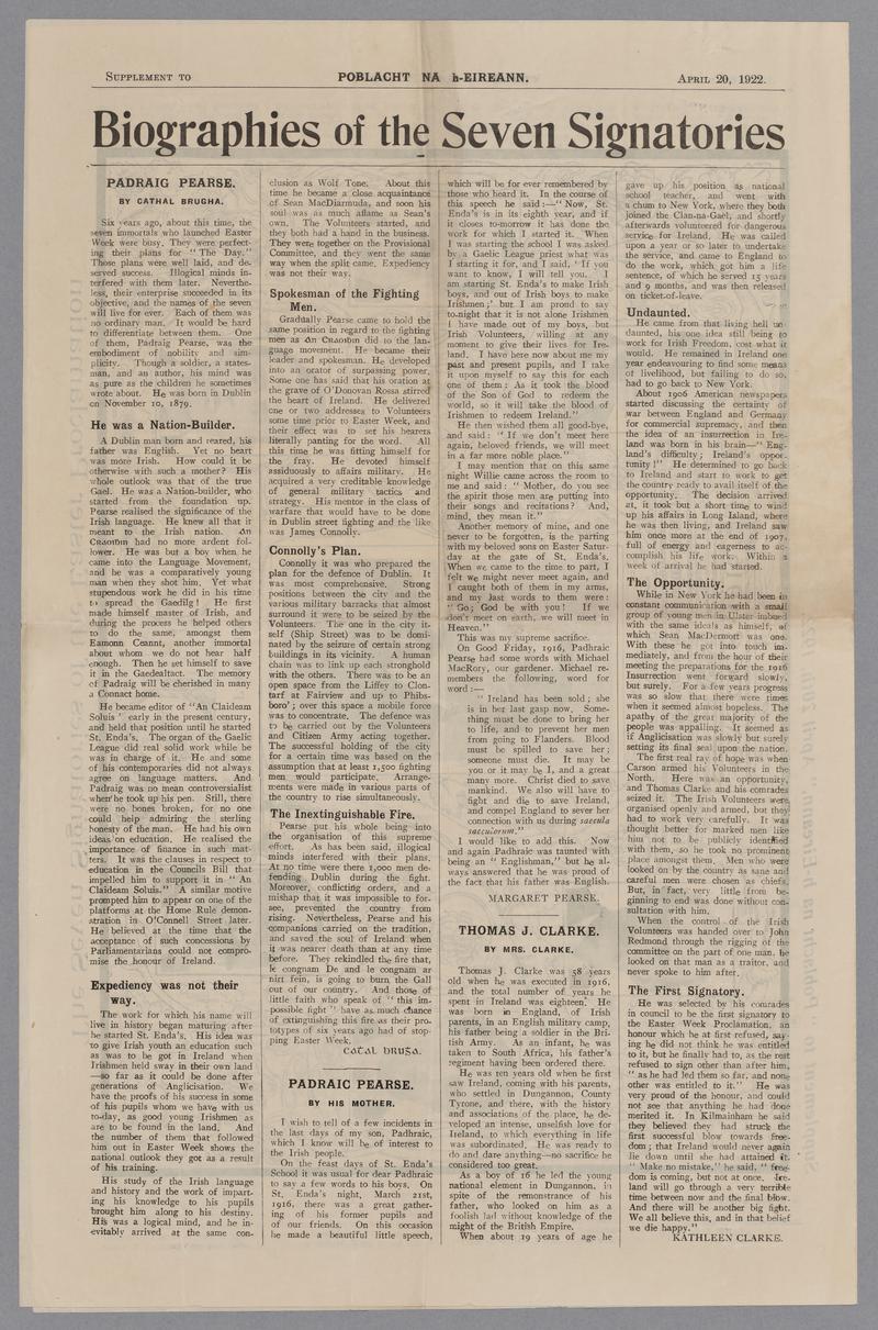 Supplement to - POBLACHT na h-EIREANN - April 20, 1922.