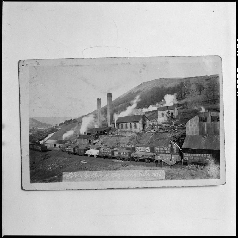 Black and white film negative of a photograph showing a surface view of Aber Colliery.  &#039;Aber&#039; is transcribed from original negative bag.