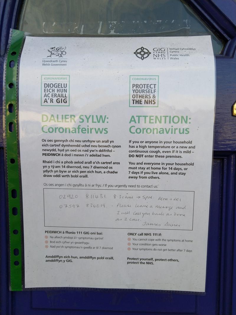 Notice on the door of a denist surgery in Tongwynlais, Cardiff.