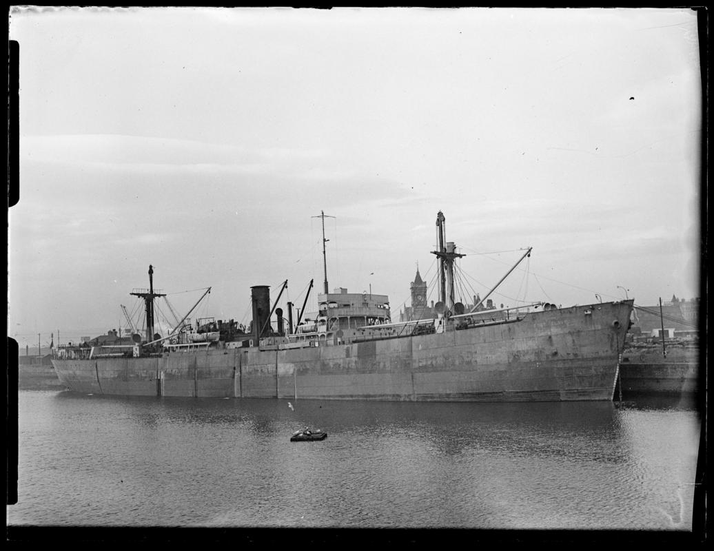 Glass Plate Negative (Positive inversion copy) - 3/4 Starboard bow view of S.S. FORT SLAVE at Cardiff Docks , 19 January 1948.