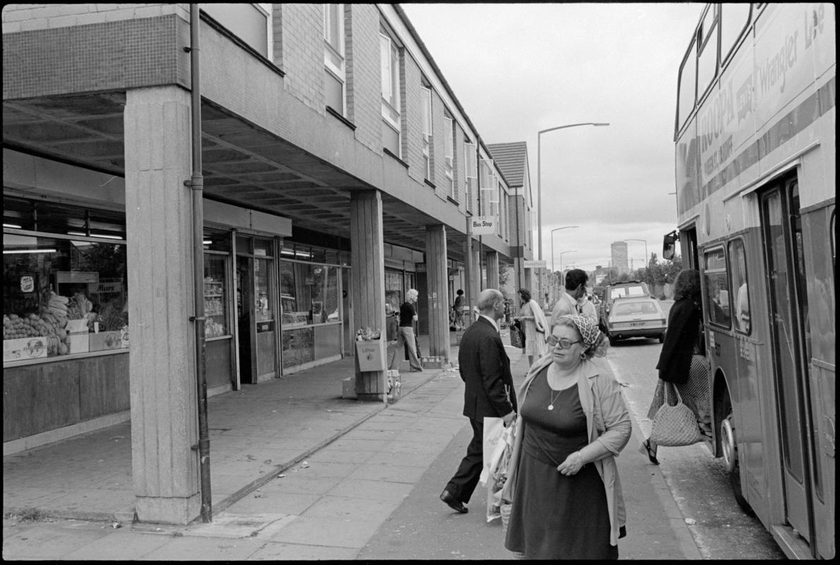 Shops and a bus at Bute Street, Butetown.