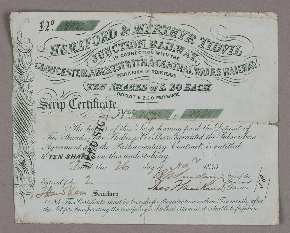 Hereford &amp; Merthyr Tidvil Junction Rly, share certificate