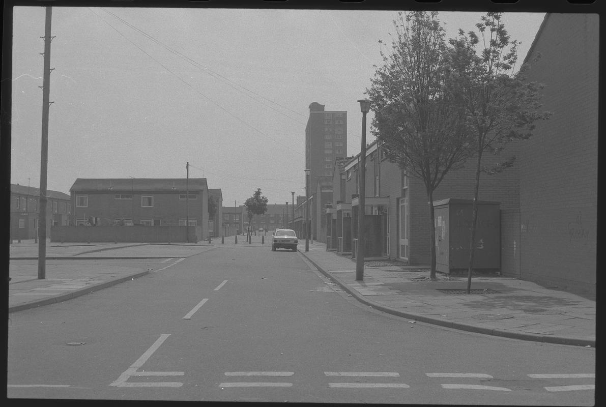 Residential Road near Loudoun Square, Butetown. Loudoun Square Flats in background.