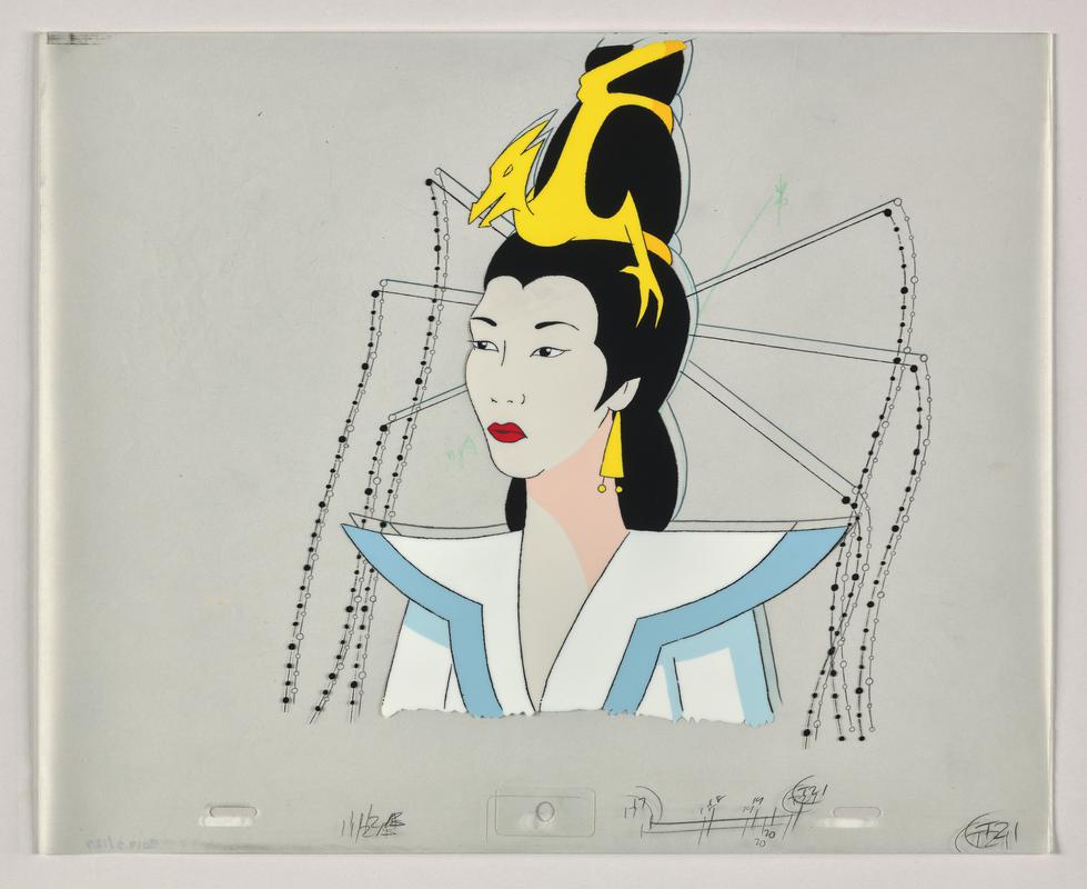 Turandot animation production artwork showing the character Turandot. Sketch on paper overlaid with cellulose acetate.
