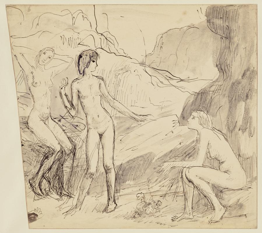 Three Female Nudes in a Mountainous Landscape