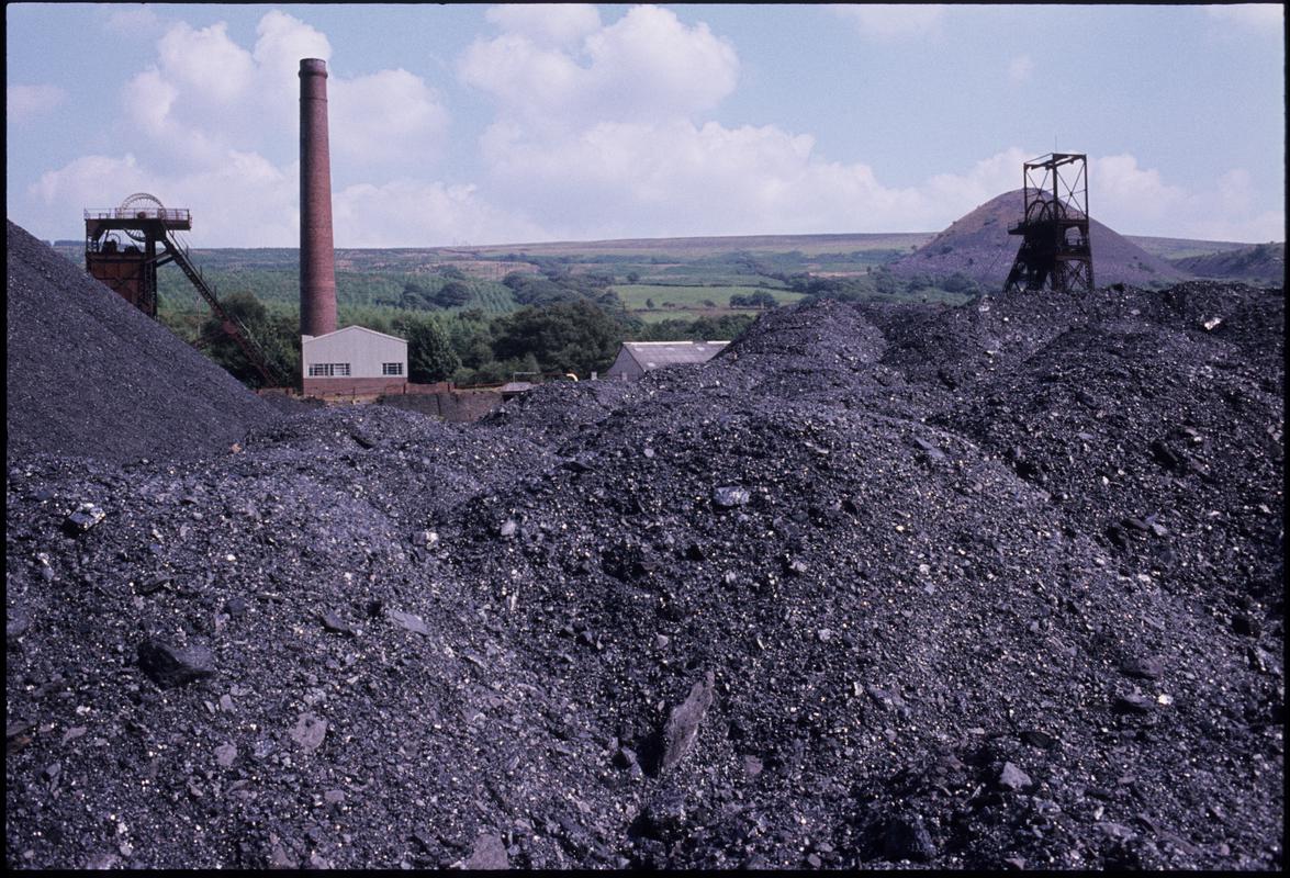 Colour film slide showing piles of coal, Blaenant Colliery.