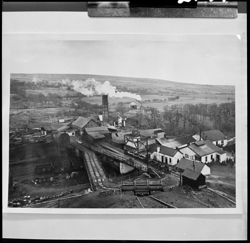 Black and white film negative of a photograph showing a surface view of Ynyscedwyn Colliery.  &#039;Ynyscedwyn&#039; is transcribed from original negative bag