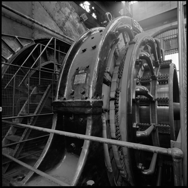 Black and white film negative showing the Siemens Electric winder, Britannia Colliery.  &#039;Britannia&#039; is transcribed from original negative bag.