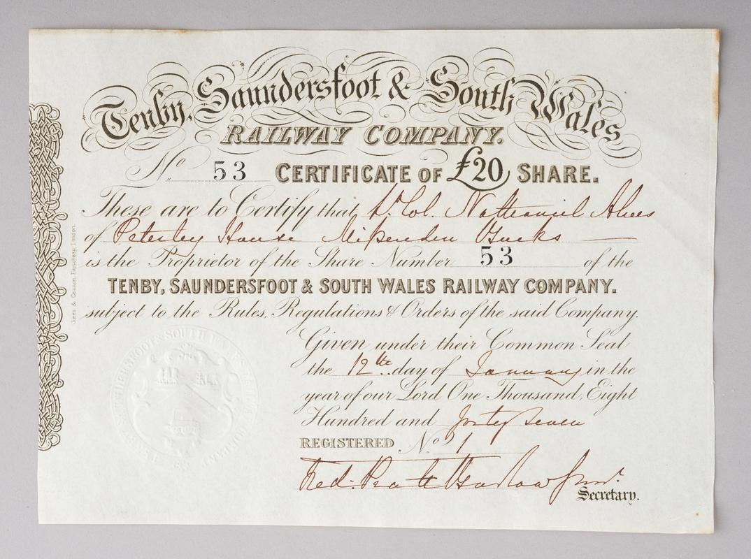 Tenby, Saundersfoot &amp; S.W. Railway Co. share certificate