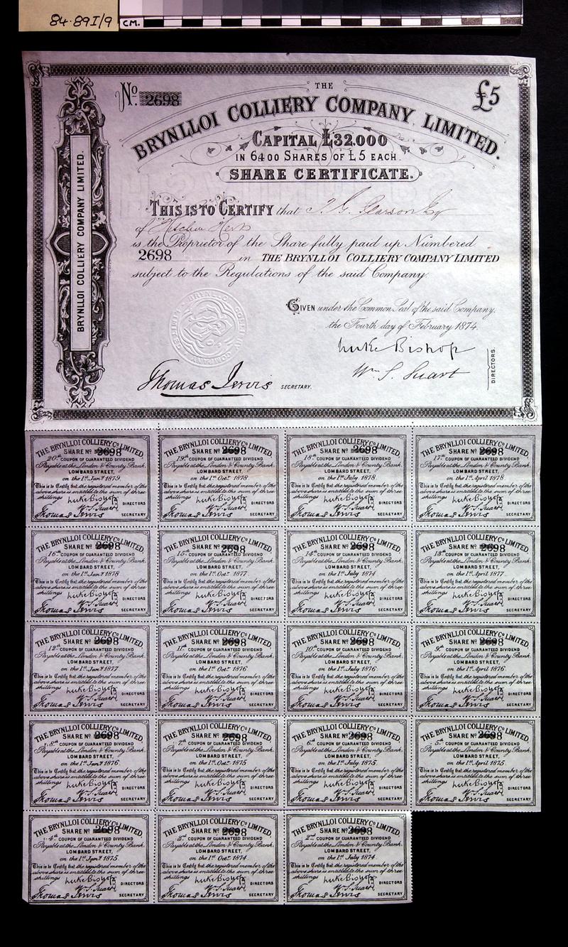 Brynlloi Colliery Company Limited, share cert.