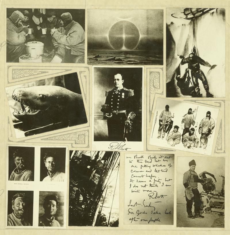 Composite photographs relating to Scott&#039;s expedition to the Antarctic 1912/1913. Includes a picture of Scott, four of the officers (P.Keohane and C.S.Wright) and a copy of Scott&#039;s written message before his death.