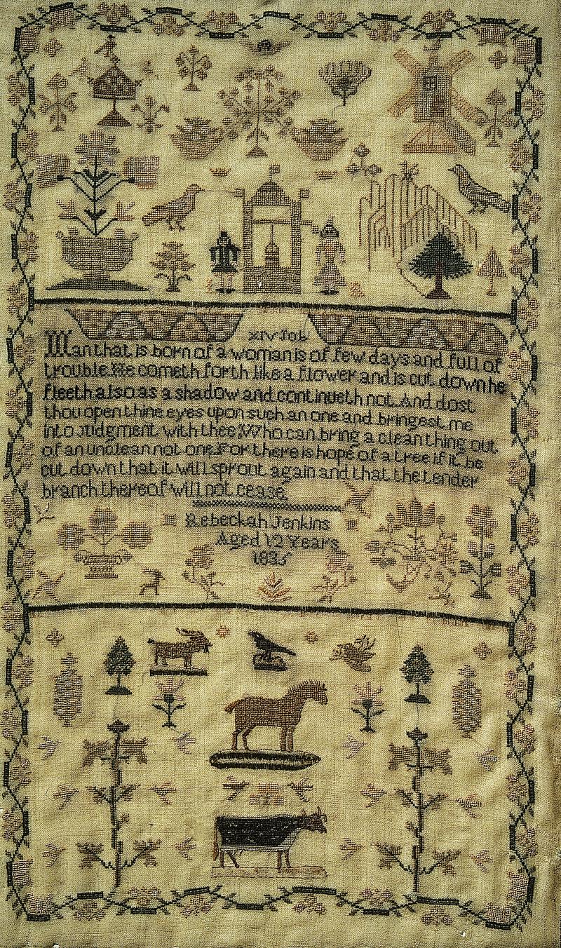 Sampler (motifs &amp; Biblical verse), made in Wales, 1835