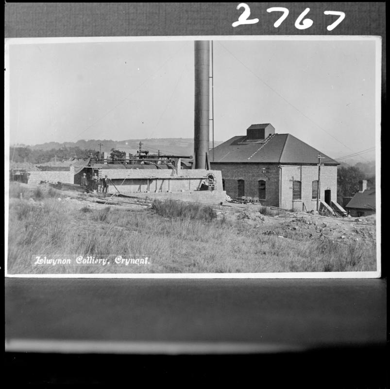 Black and white film negative of a photograph showing a surface view of Llwynon Colliery, Crynant.