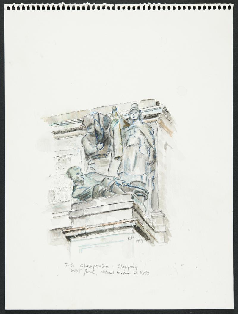 Drawing by Rosemary Markham of sculpture on the West Front of the National Museum of Wales, Cardiff, representing &#039;Shipping&#039;
