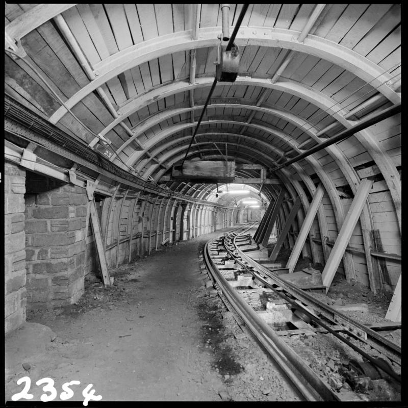 Black and white film negative showing an underground roadway, Merthyr Vale Colliery 2 July 1981.  &#039;2 Jul 1981&#039; is transcribed from original negative bag.  Appears to be identical to 2009.3/1854.