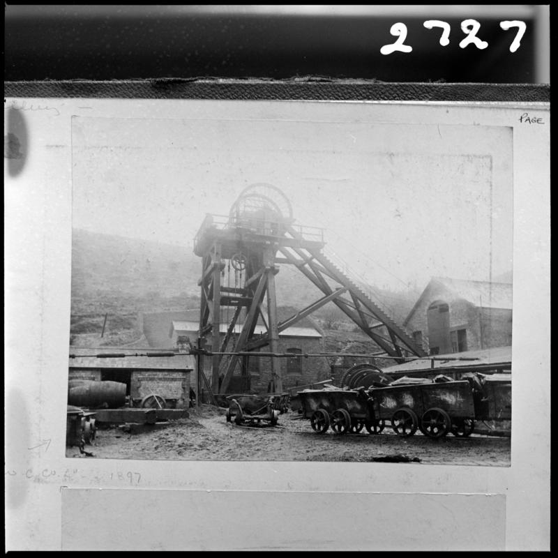 Black and white film negative of a photograph showing a surface view of Penrhiw Colliery, 1897.  &#039;Penrhiw&#039; is transcribed from original negative bag.
