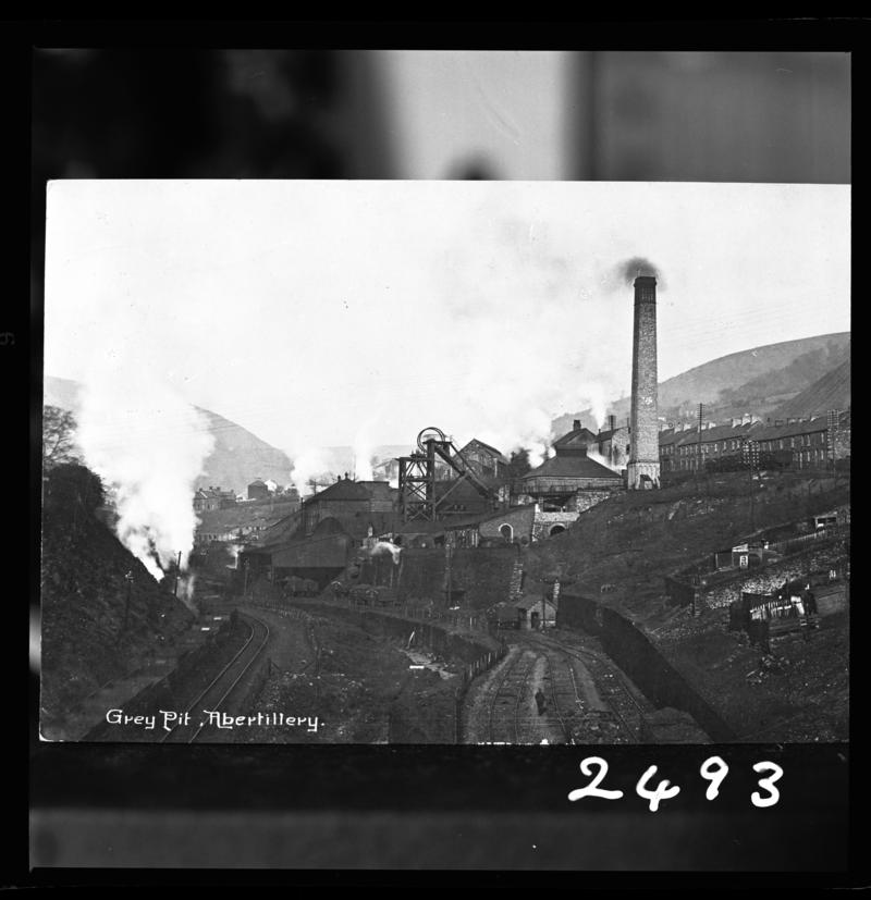 Black and white film negative showing a surface view of Gray Colliery, Abertillery c.1900.