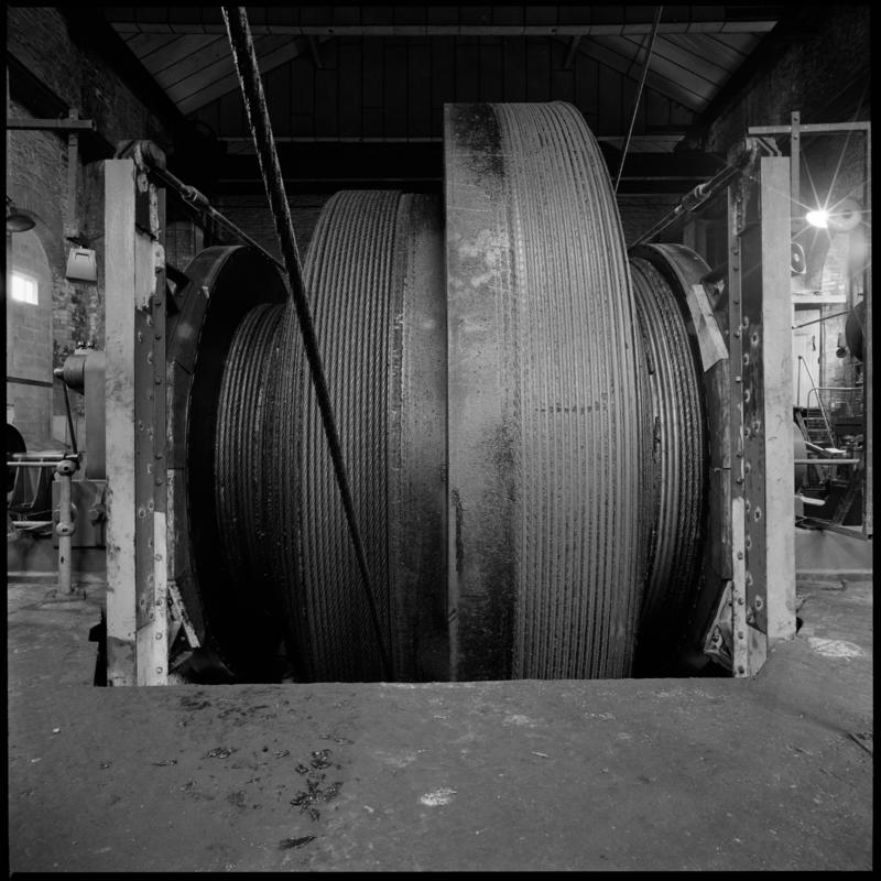 Black and white film negative showing the drum of the Trefor winding engine, Lewis Merthyr Colliery.  &#039;Lewis Merthyr&#039; is transcribed from original negative bag.  Appears to be identical to 2009.3/1477.