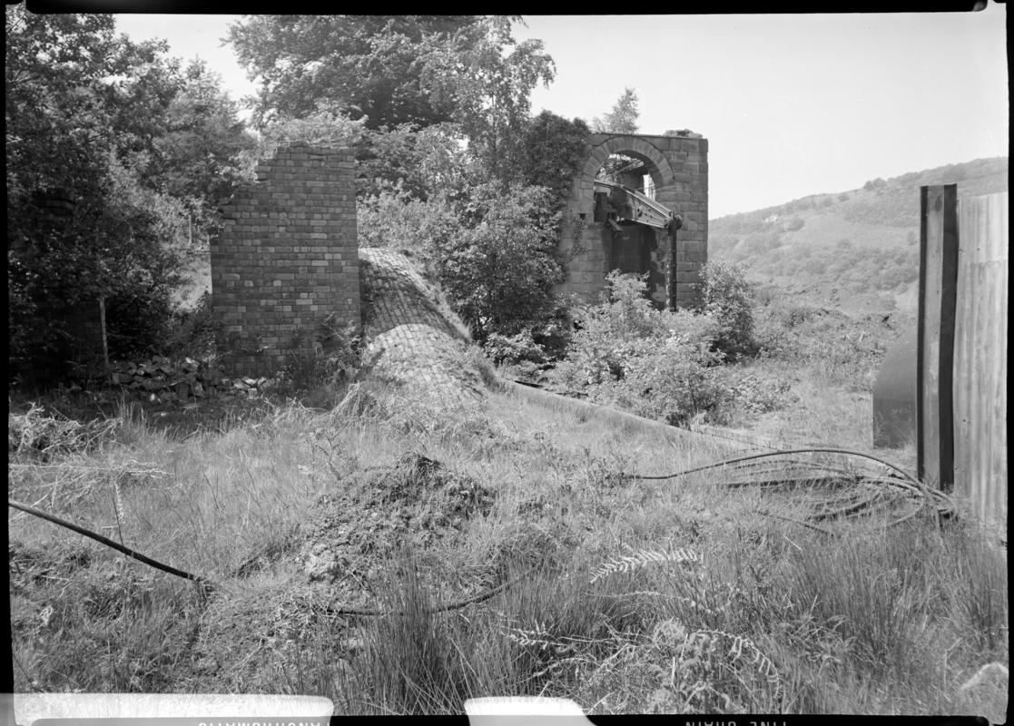 Black and white film negative showing the Neath Abbey pumping engine, Glyn Pits 1971.  &#039;Glyn Pits 1971&#039;  is transcribed from original negative bag.