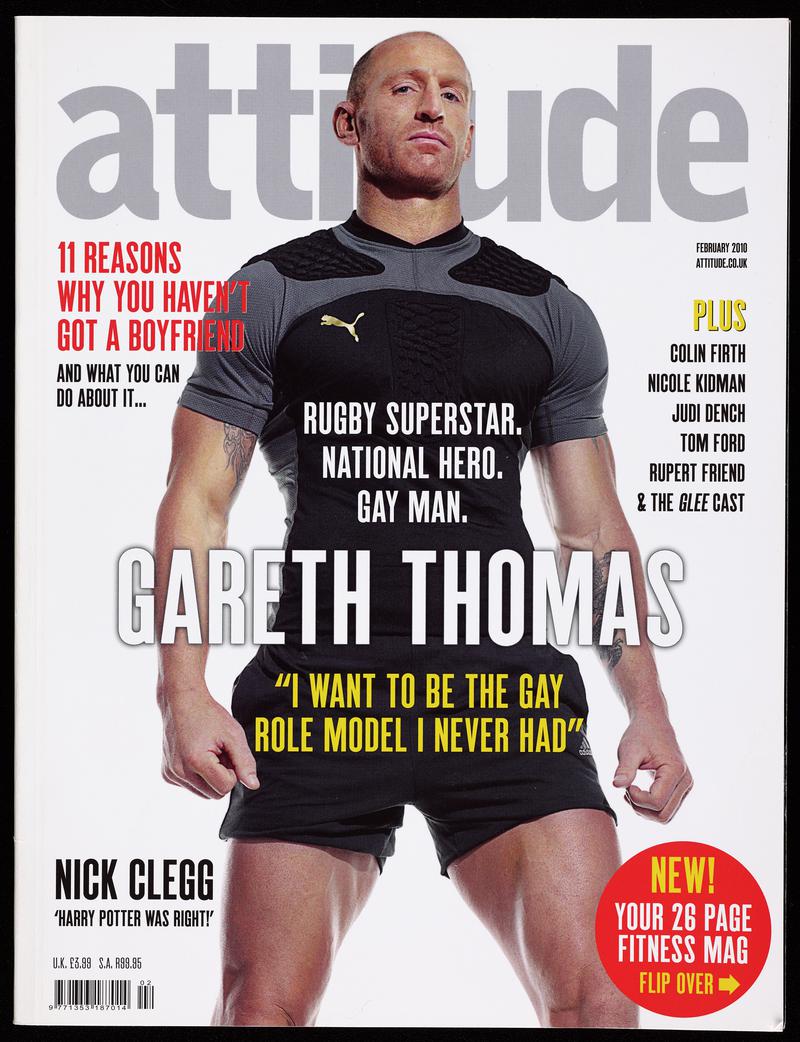 Attitude magazine issued February 2010. Featuring rugby player Gareth Thomas on the front cover, it was published only a few months after he came out as gay.
