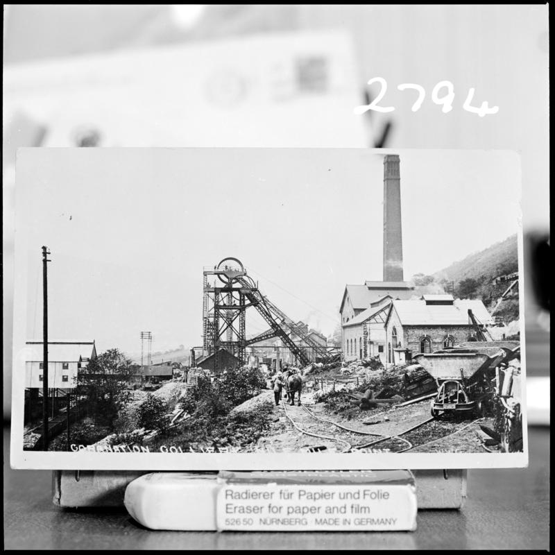 Black and white film negative of a photograph showing a surface view of Nine Mile Point Colliery, Cwmfelinfach. &#039;Nine Mile Point early photo&#039; is transcribed from original negative bag.