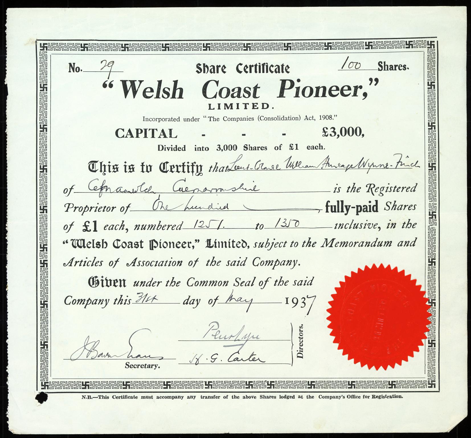 Welsh Coast Pioneer Ltd., share certificate