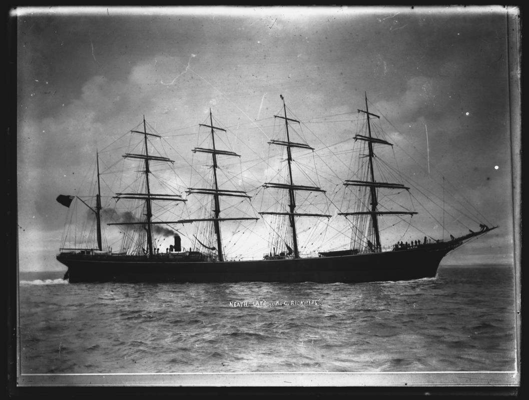 Starboard broadside view of the five-masted barque NEATH.