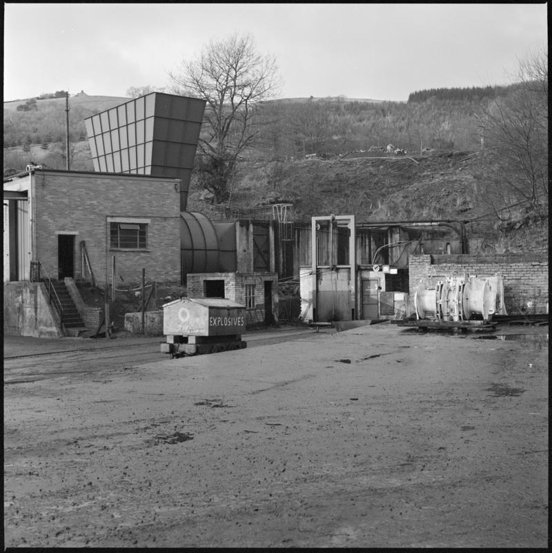 Black and white film negative showing the Treforgan Colliery fan house on the return airway in 1979.