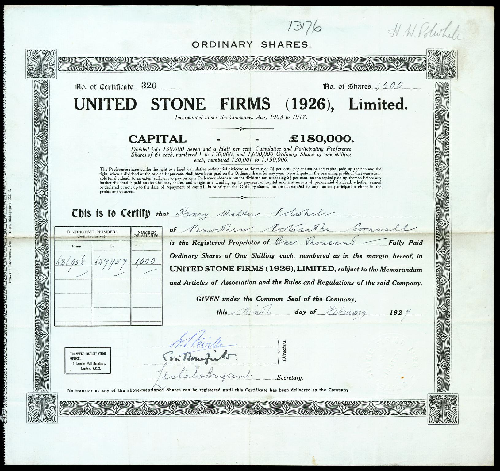 United Stone Firms (1926) Ltd., share certificate