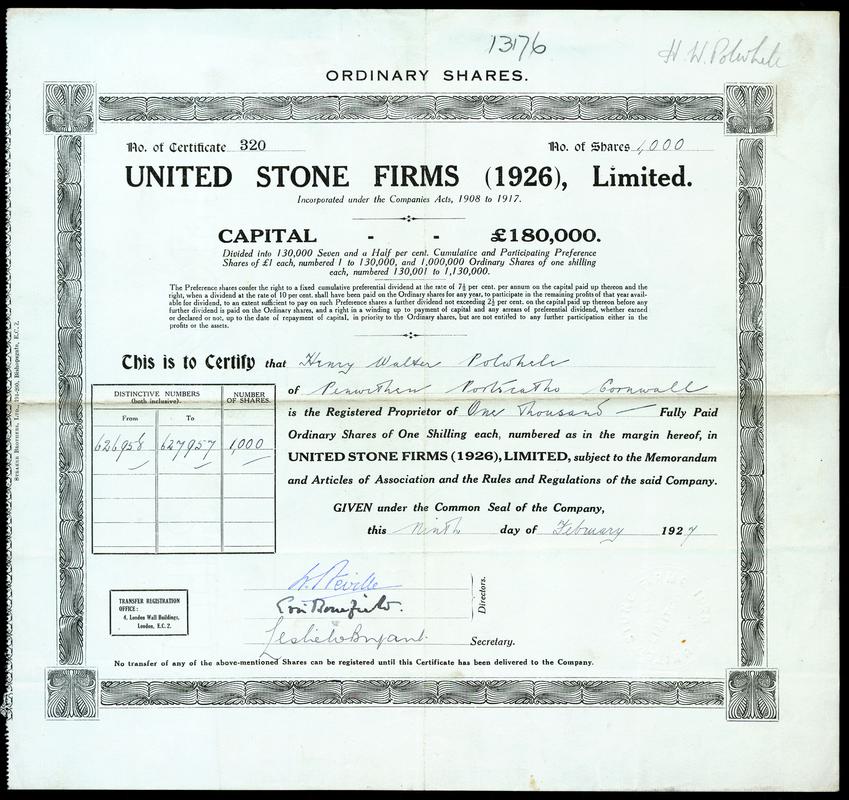 Share Certificate &quot;United Stone Firms (1926) Limited&quot;
