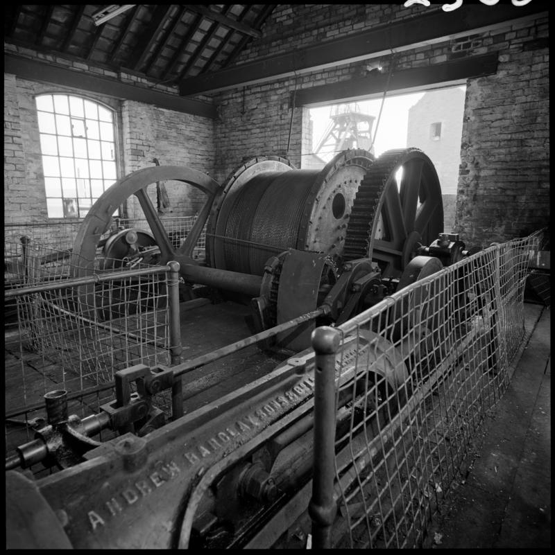 Black and white film negative showing the Andrew Barclay Winding engine, Morlais Colliery 13 May 1981.  &#039;Morlais 13/5/81&#039; is transcribed from original negative bag.