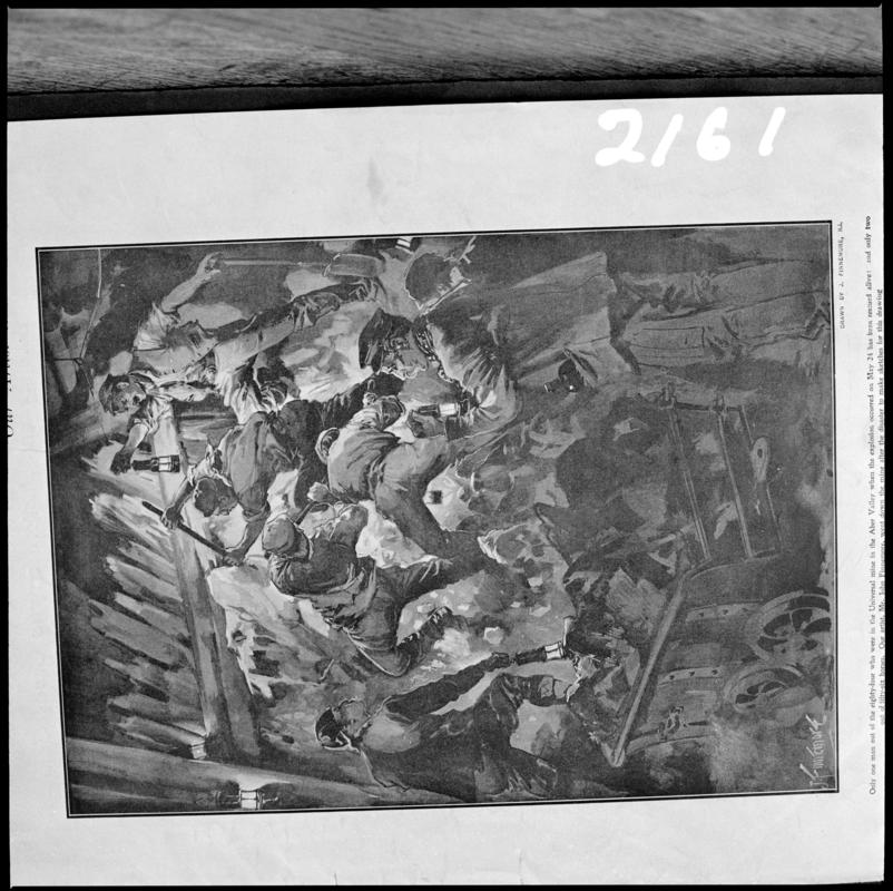 Black and white film negative showing the scene at Universal Colliery Senghenydd after the explosion of May 24th 1901, sketched illustration photographed from a publication.  &#039;Senghenydd&#039; is transcribed from original negative bag.